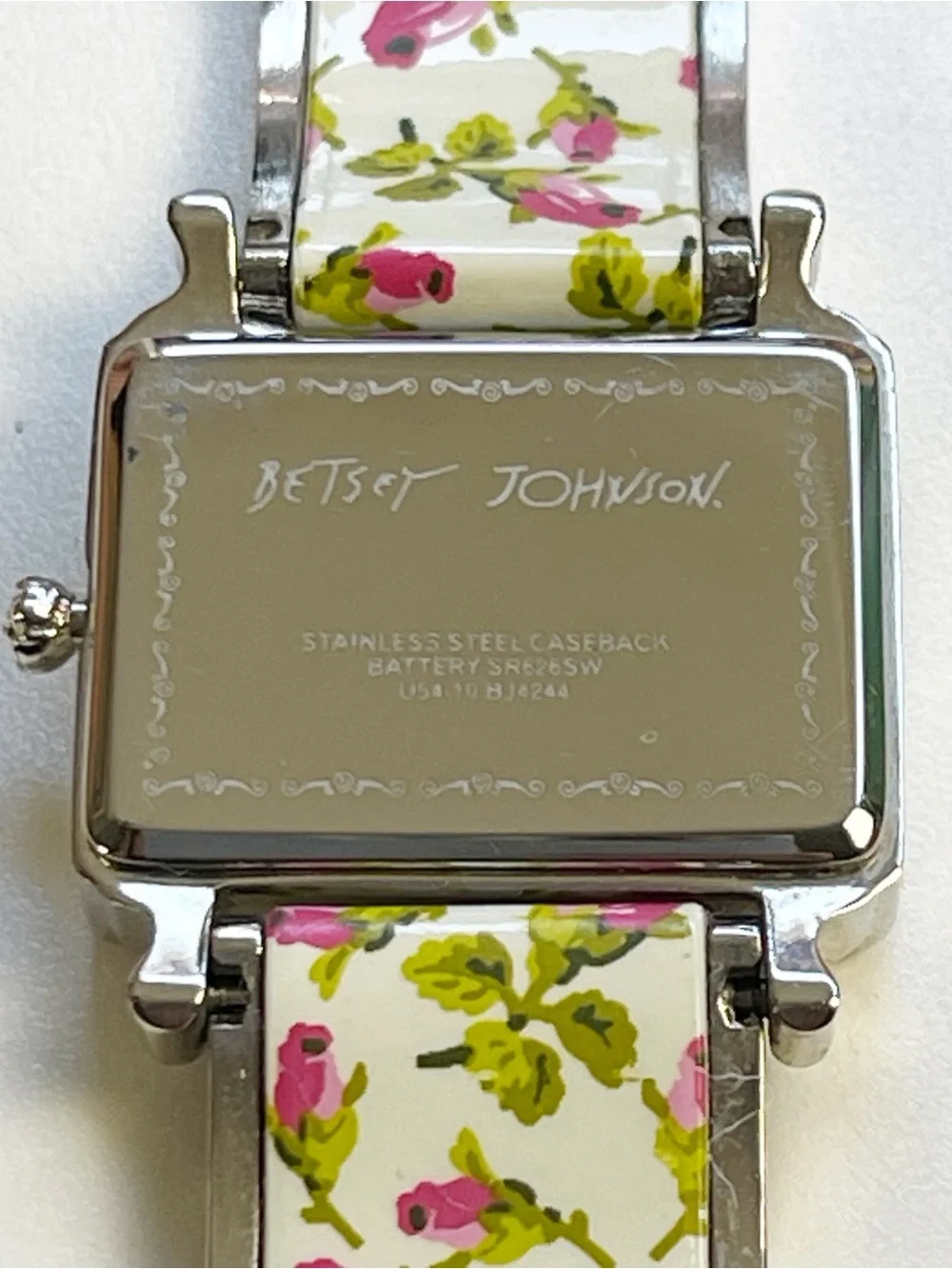 Y2K Betsey Johnson rosebud floral watch with a square hot-pink textured dial